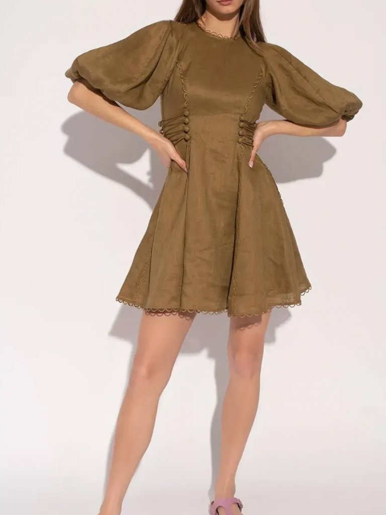 $635 Zimmermann Olive Green Khaki Rosa Laced Linen Mini Dress Size 3/L
